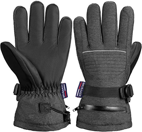 BRUBAKER Skihandschuhe Wasserdicht und Winddicht mit Reißverschluss Tasche - Winterhandschuhe für Herren und Damen - Extra Warme Snowboardhandschuhe - Thermo Handschuhe für Ski - Anthrazit Größe S/M