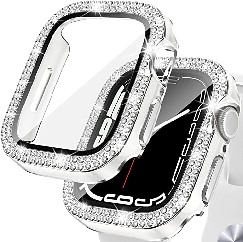 Kamita Diamond Cover Protettiva per Apple Watch 45mm Series 7/8/9, Custodia Completa per PC con Schermo in Vetro Temperato, Bling Case Protettiva Antiurto (bianco-argento)