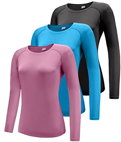 Boyzn Women's 3 Pack Short/Long Sleeve Workout Running Shirts, UPF 50+ Sun Protection Shirts, Athletic Exercise Gym T-Shirts-Black/Blue/Rose Pink-M