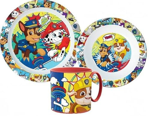 Paw Patrol Cartoon Character Dinner Tableware Set 3pcs Plate, Bowl & Mug, BPA Free re-usable Plastic Microwave Safe (Paw Patrol Comic)
