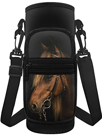 chaqlin Kids Adult Water Bottle Covers Insulated Water Bottle Carrier Bags Animal Brown Horse Print Sports Bottle Bag with Adjustable Strap and Pocket,Animal Horse Sling Water Bottle Holder Pouch
