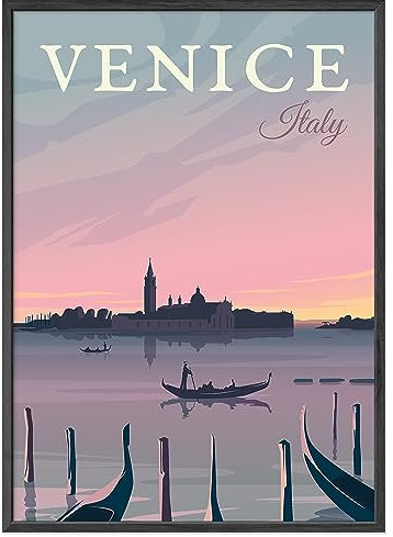 JUNOMI® Venedig Poster DIN A2 | Wohnzimmer Deko, Modernes Wandbild, Italien Bild, Reiseposter, Venedig Wandbild | Mit Rahmen Schwarz