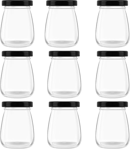 Danmu Art 9pcs 100ml Glass Milk Bottles with black Lids, Small Glass Jars Mini Bottles for Yogurt Pudding Jam jars (Black)