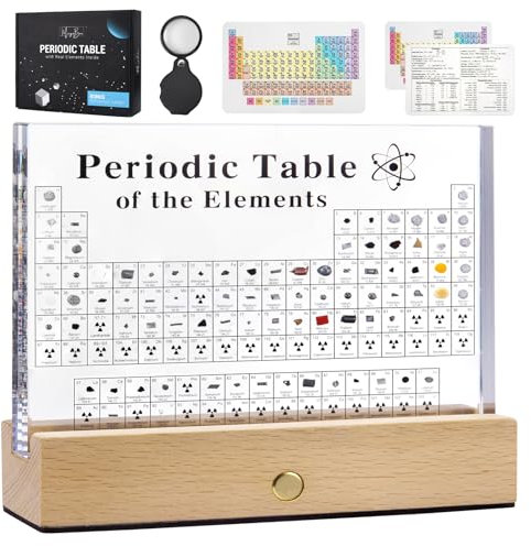 MegaBox Großes Periodensystem der Elemente mit 83 echten Elementen, Acryl-Periodensystem-Display mit Holzständer, 6 x Chemie-Formel-Referenzkarten, Wissenschaftslehrer-Geschenk, Klassenzimmer (groß