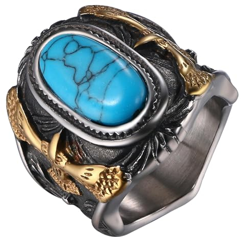 JewelryWe Ring Herren Türkis Siegelring: Retro Herren-Ring mit Blau Oval Türkis Edelstahl Biker Adler Statement-Siegelring Bandring Band mit Gravur Gold Silber Geschenk für Mann Ehemann Vater Größe 71