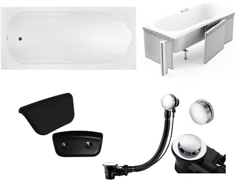 KOLMAN KOMPLETTSET 5in1 Acryl Weiß Wanne Badewanne Rechteck 170x70 cm BONA Made in EU + Styroporverkleidung + Badkissen KODI in Schwarz, mit Premium Ablaufgarnitur in Chrom & Wannenfüße