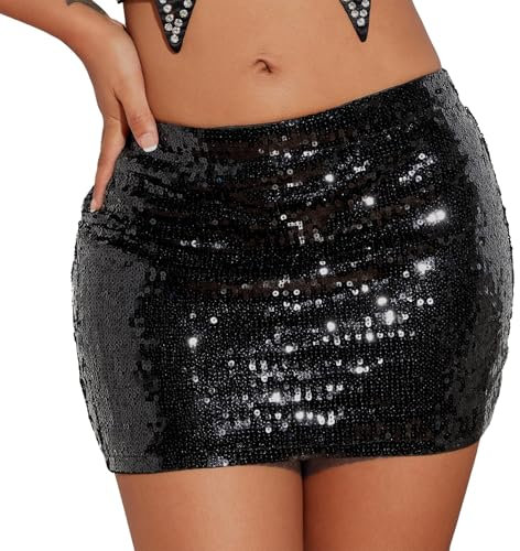 Durio Pailletten Rock Mini Skirt Glitzer Rock Niedrige Taille Sexy Minirock Fasching Karneval Party Festival Outfit Damen Schwarz M