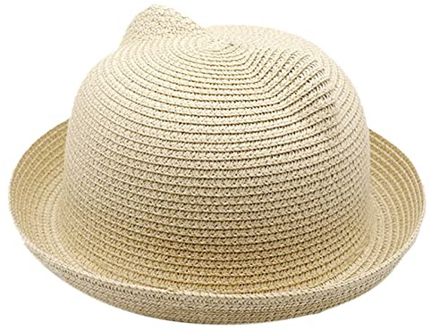 Maxtonser Chapeau de paille fantaisie parent-enfant pour oreilles de chat, chapeau de pêcheur, chapeau de paille pare-soleil, chapeau de paille tout assorti pour l'extérieur, anniversaire, beige