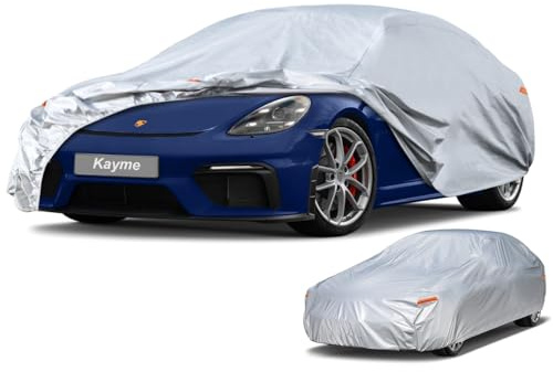 Kayme 6 Schichten Coupé Autoabdeckung Wasserdicht Atmungsaktiv, Vollgarage Autoplane für Sonne Staub Schutz, Universal für Porsche 718, Jaguar F-Type, Nissan 350z/370z, BMW Z4 usw. (bis zu 450 cm)