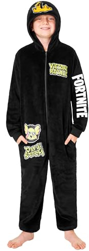 Get Trend Fortnite Grenouillere Adolescent Garcon Combinaison Enfant Pyjama Combinaison Polaire avec Capuche Idée Cadeau Gamer (15-16 Ans, Noir Fortnite)