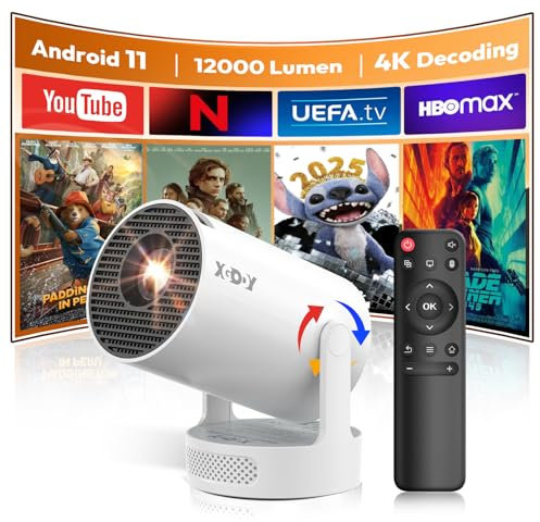 [2025 Android 11.0] XGODY Gimbal 3 Vidéoprojecteur natif 720P HD, Prend en Charge 4K 1080P,Portable projecteur 12000 lumens, WiFi 6, Bluetooth, Auto Keystone, Mini projecteur pour Home