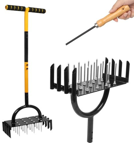 Newthinking Manual Lawn Coring Tool and Lawn Aerator Spikes, 2 IN1 Hollow Tine Plug Core Aerators with 8 Cores and 16 Spikes for Garden Lawn Yard