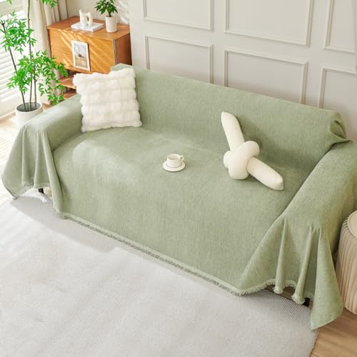 Royhom Sofa Überzug Chenille, Sofabezug L Form, Couch Überzug Ecksofa, Sofaüberwurf 2 Sitzer, Couch Überwurf mit Deko Quasten, Grün Sofa Überwurf(Salbeigrün, 180x260cm)