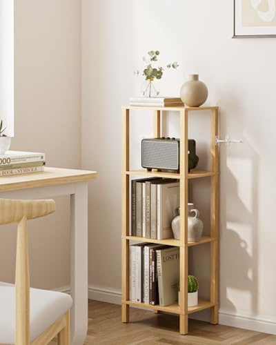 Apetaccat Bücherregal, Regal Schmal mit 4 Ebenen, Küchenregal mit offenen Regalen, 38 cm x 27 cm x 105 cm, Standregal für Wohnzimmer, Büro, Arbeitszimmer, Eiche