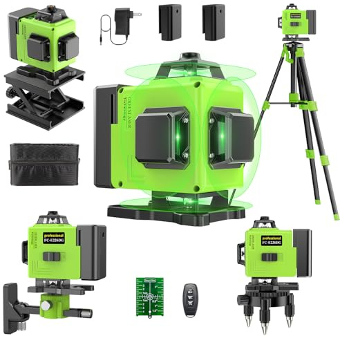 Nivel Laser Autonivelante 360 Grados con Trípode, Nivel Láser Verde 16 Líneas, 2 x 360 Horizontal y 2 x 360 Verticales, 2 x Batería, Montaje en Pared, Control Remoto, Base Magnética, Soporte Giratorio