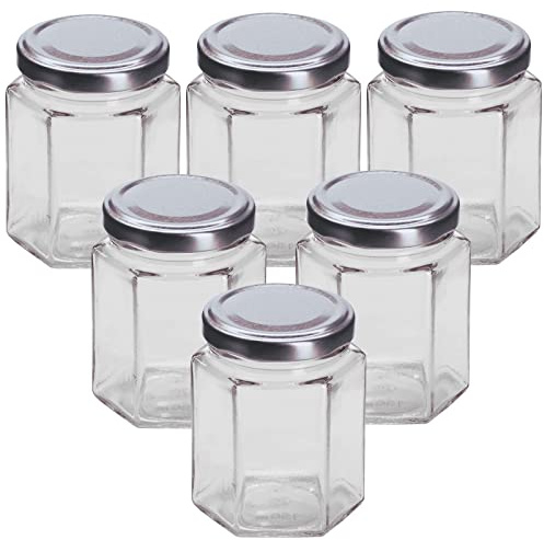 Balliihoo Homebrew Pack Of 6 x 12oz / 250ml Hexagonal Glass Food Jar With Silver Twist Off Lids