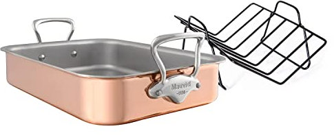 Mauviel M'Heritage 150S 1.5mm Polished Copper & Stainless Steel Roasting Pan with Rack, and Cast Stainless Steel Handles, 15.7 x 11.8-in, Made in France