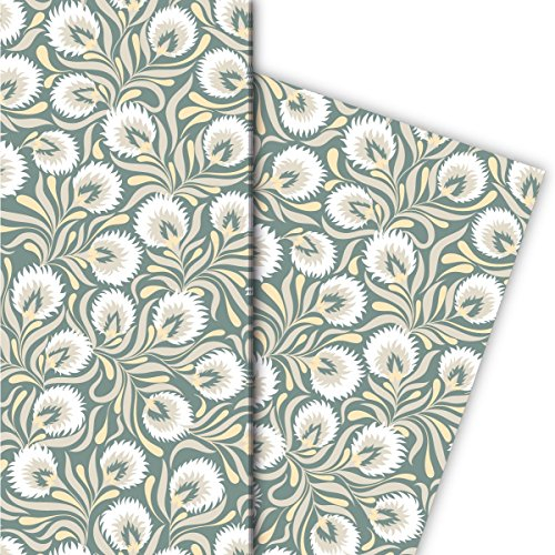 Kartenkaufrausch Tolles 70er Jahre Geschenkpapier Set 4 Bogen, Dekorpapier, Musterpapier zum Einpacken mit Jugendstil Blumenmuster, grau grün, tolle Geschenk Verpackung, Designpapier 32 x 48cm