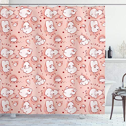ABAKUHAUS Duschvorhang, Nette Baby Flusspferd Nilpferd Muster Reizende Tier Mädchen Jungen Play Room Konzept, Stoffliches Gewebe Badezimmerdekorationsset mit Haken, 175 X 200 cm, Weiße Koralle und Rot