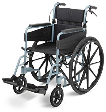 Days Escape Lite Wheelchair, Self Propelled Lightweight Aluminium with Folding Frame, Mobility Aid, Comfy and Sturdy, Portable Transit Travel Chair, Removable Footrests, Narrow, Silver/Blue