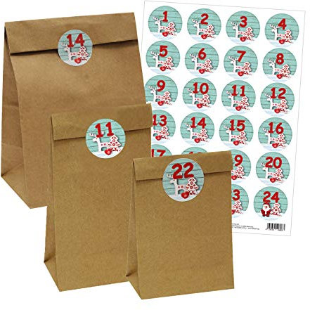 Adventskalender 25 Papiertüten verschiedene Größen mit 24 Zahlenaufklebern Rentier
