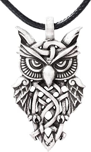 HAQUIL Owl Necklace - Metal Alloy, Celtic Owl Pendant - PU Leather Cord, 19.7