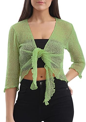Love My Fashions® Women’s Fish Net Knitted Tie Up Bolero Shrug Top Ladies 3/4 Sleeve One Size Fits All Apple Green