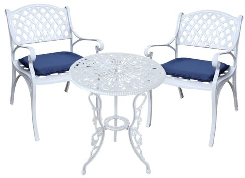Lazy Susan London Rose Bistrotisch, rund, 2-Sitzer, wartungsfrei, wetterfest, Sandguss-Aluminium, weiß, Kate Stühle, Blaue Kissen