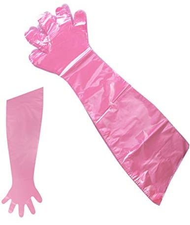 Artibetter Lot de 50 gants jetables transparents en plastique à bras longs sans latex et sans poudre, Rouge, 1