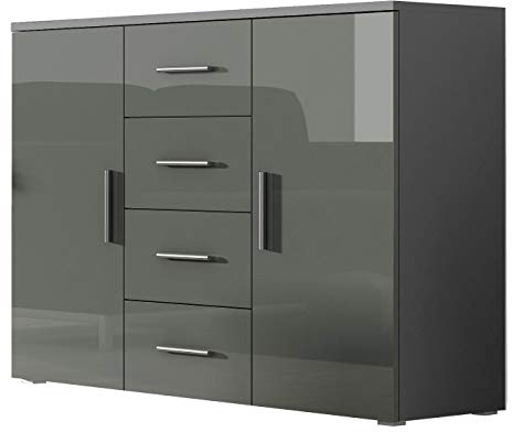 Furniture24 Kommode Uni - SOHO Sideboard mit 4 Schubladen, 2 Türen (Grau/Grau Hochglanz)
