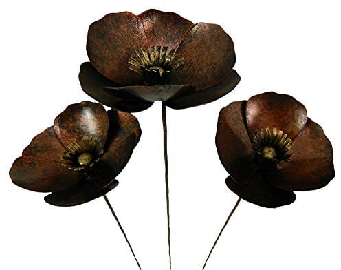 Handcrafted Metal Poppy Flower Garden Ornaments, Set of Three, 100cm Tall - Bronze Colour - Outdoor Garden Decorations for Borders, Pots, Flower Beds & Memorials , Fairly Traded Decor - Bronze Poppy