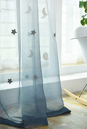 Lactraum Gardine Kinderzimmer Mädchen Junge Tranparent Bestickt Stern Mond Voile blau Gradient mit Ösen 300 x 245 cm (BxH)