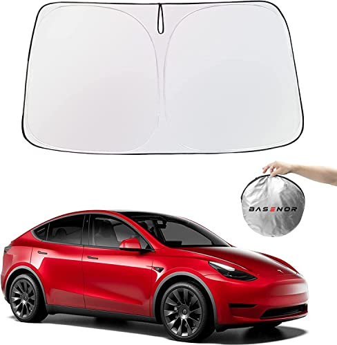 BASENOR Sunshade for Tesla Model Y Model 3 Windshield Sunshade Folding Front Window Sun Shade Double Layer Light Blocking Foldable Sun Shade with a Storage Bag Tesla Accessories 2019-2025 2026