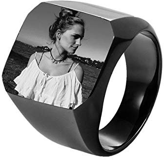 Coudf Gravierte Fotoring Geschenke Personalisierte Bild Siegelringe Individuell gravierte Edelstahl Siegelringe Vatertag Fotogeschenke Personalisierte Geschenke für Männer (Schwarz 8)