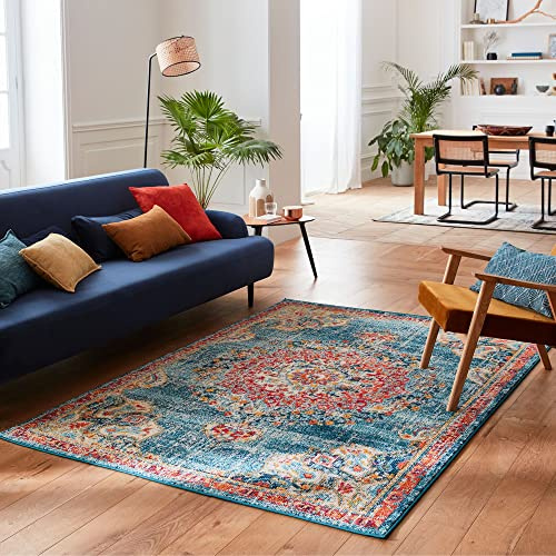 Nazar Wohnzimmerteppich – waschbar – 120 x 170 cm – Türkis – Vintage-Teppich – Kurzflor