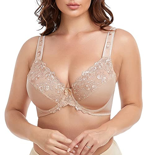 Ayigedu Women's Underwire Bra Non-Padded Floral Lace Plus Size Full Coverage Minimizer 36-D Beige