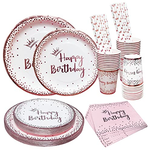 Bymivofun 100 Stück Roségold Geburtstags Geschirr, für 20 Gäste, Alles Gute zum Geburtstag Partyzubehör aus Papier, für Mädchen Frau Geburtstag Thema Party Dusche Dekoration