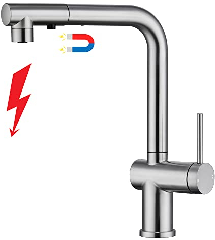 YardMonet Niederdruck Armatur Küche Edelstahl Gebürstet, Küchenarmatur Niederdruck Ausziehbar mit Magnet Brause, 360° Schwenkbar Wasserhahn Küche Niederdruck 3 Anschlüsse Spültischarmatur Küche