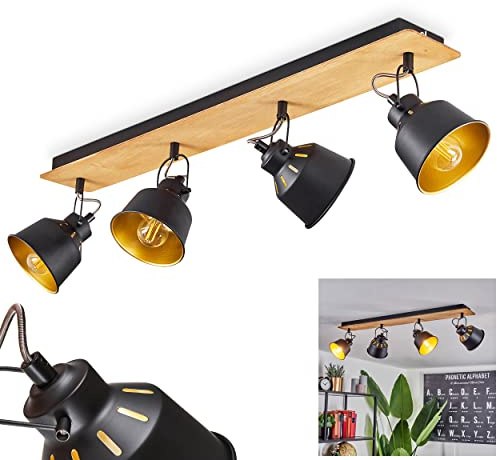 HOFSTEIN Deckenleuchte Safari, verstellbare Deckenlampe aus Metall/Holz in Schwarz/Gold/Natur, Leuchte im Retro/Vintage-Design mit Lichteffekt, 4 x E14, Wohnzimmer, Esszimmer, Schlafzimmer, Küche