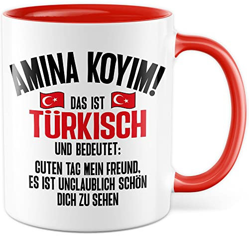 Amina Koyim Tasse lustige Kaffeetasse mit Spruch türkisch Kaffee-Becher Türken Witz Amina Koyim Geschenkidee Türke Türkin Geschenk Türkei türkisch Sarkasmus Schimpfwort Beleidigung Sprache (Weiß/Rot)