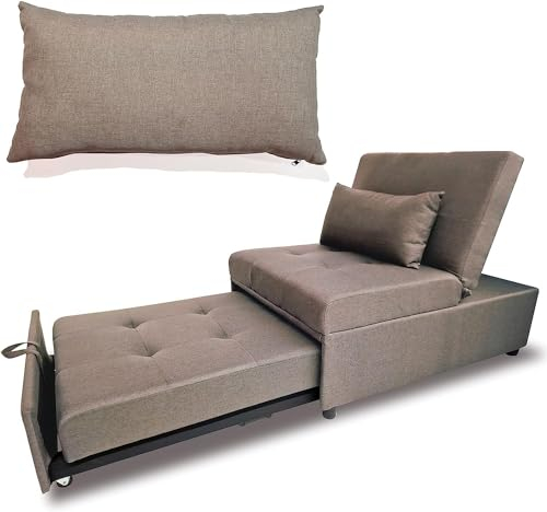 MAKA Poltrona Letto Singolo con Materasso, Divano Pouff Letto Singolo Reclinabile Salvaspazio con Cuscino Sfoderabile, Divano 1 Posto in Tessuto con Chaise Longue Regolabile 191x79x90 cm (Tortora)