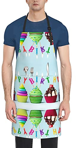 OGNOT Bunte Schürze mit Aufschrift Happy Birthday, Cupcake-Druck, mit Taschen, verstellbare Kochschürze, Küchenschürze zum Backen, Bunte Cupcakes mit Aufschrift Happy Birthday, Einheitsgröße