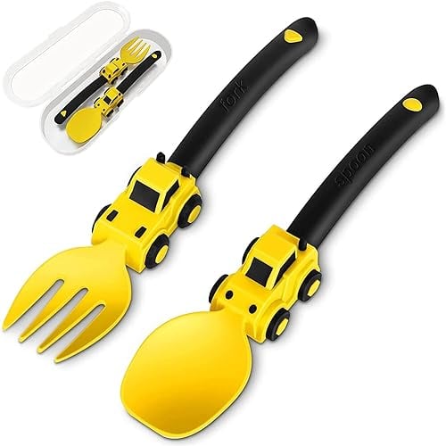Couvert bebe – Ensemble Fourchette et Cuillère Pour Enfants – Convient aux Fourchettes et Cuillères Pour Enfants, Ensemble de Couverts Portables Pour Enfants de 1 2 3 4 5 ans – Jaune