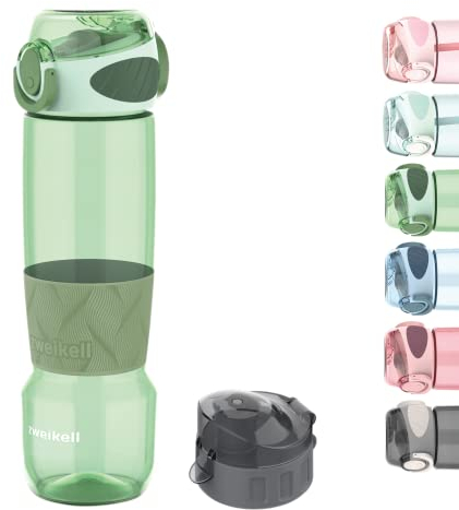 Zweikell Trinkflasche 650ml, Tritan Wasserflasche, BPA Frei, Wasserflasche auslaufsicher für Kinder, Schule, Sport, Uni, Outdoor, Mit Flaschendeckel Geschenk, Silikon rutschfeste, Grün