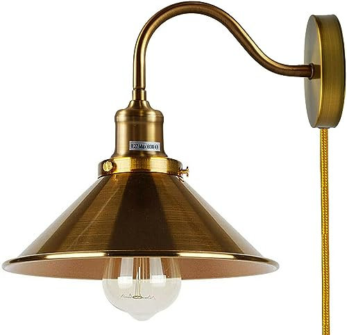 Plug in Wall Light, Dimmable Industrial metal Wall Lamp, Yellow Brass Wall Sconce with Switch Cord E27 Socket, Aesthetic Decorative Indoor Lighting for Bedroom Living Room (Yellow Brass + Bulb)