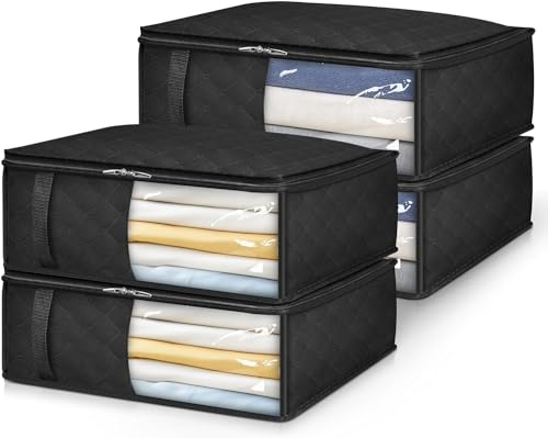 MISSLO Bed Sheet Storage Organiser Queen/King Size Bedding Storage Bags Boxes 4 Packs Large Linen Closet Organizer with Clear Window Blanket Storage for Bedsheets, Pillow Cases, Towels, Clothes
