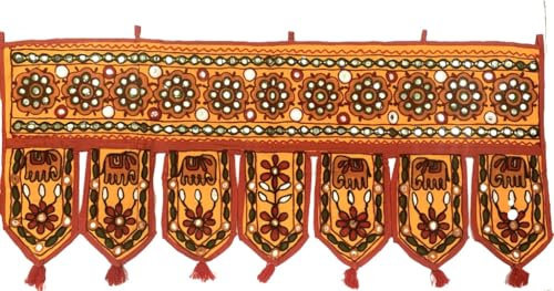 original kikan Gelber Elefant, handgefertigter Tapisserie, Baumwolle, Wandbehang, ethnischer Aufsatz, Toran, indischer Fenstervolant, 94 x 35,6 cm