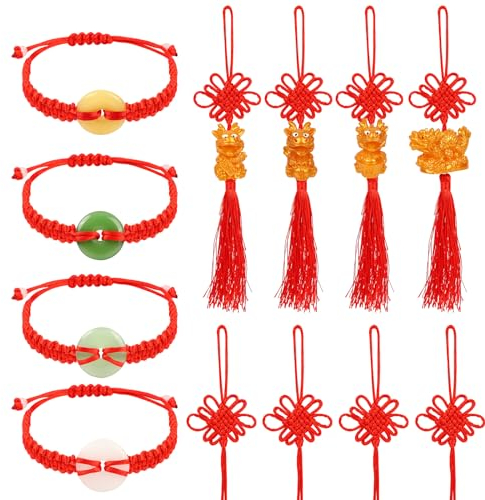 Mayoii Lot de 12 pendentifs en forme de nœud chinois le Nouvel An chinois - Décorations de l'année 2024 - Bracelets à cordes rouges réglables décoration à suspendre à la maison et à la voiture