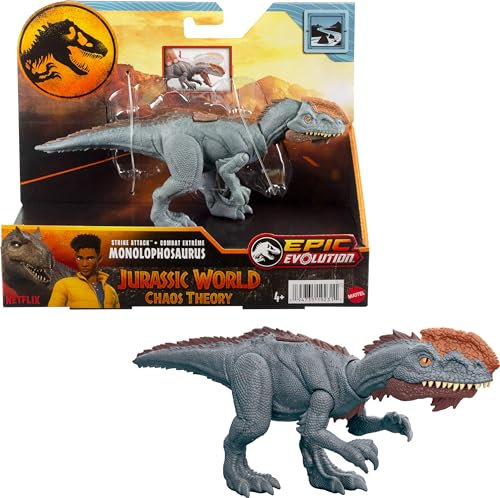 Mattel Jurassic World Strike Attack Dinosaurier Spielzeug mit Single-Strike Action & beweglichen Gelenken, Monolophosaurus Actionfigur inklusive digitalem Spiel