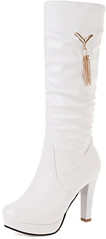 Lizoleor Donna Inverno Eleganti Slouch Sposa Stivali Alti Punta Rotonda Sposa Warm Tacco A Blocco Lovely Bowknot Booty Festa Vestito Bianco Numero 33 Eu